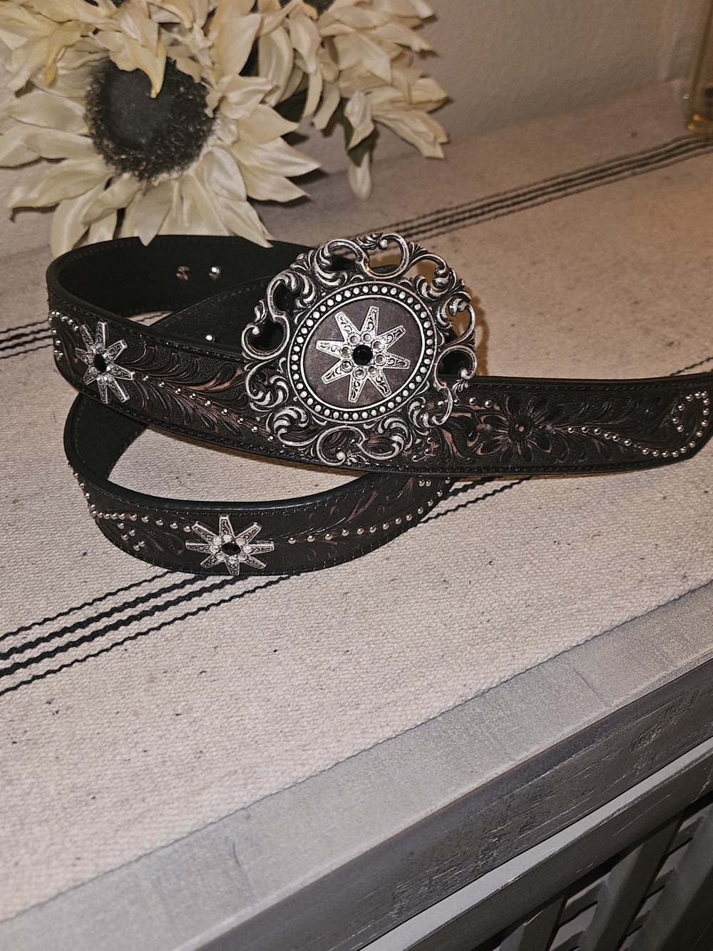 Nocona Floral Tooled Leather Belt with Decorative Silver Conchos
